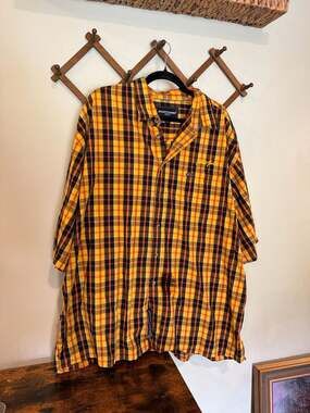 Vintage Phat Farm NYC Men's XXXL Yellow and Black Plaid Short Sleeve Button Down